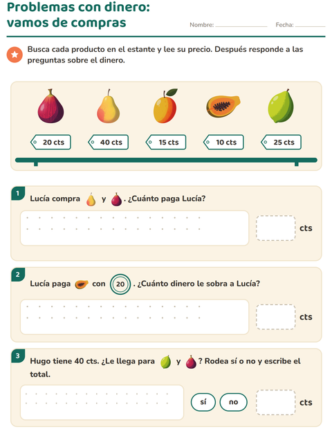 Problemas con dinero: vamos de compras al puesto de frutas — segundo grado