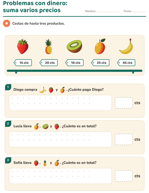 Problemas con dinero: sumar tres precios en una cesta — segundo grado