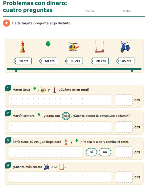 Vista previa de la hoja de Contar dinero con Juguetes para grado 2