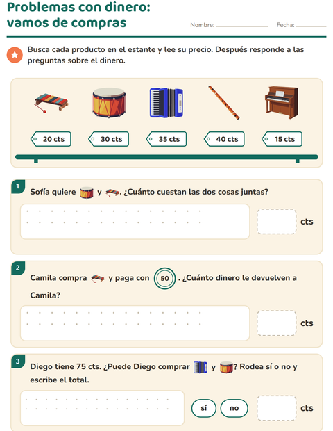 Vista previa de la hoja de Contar dinero con Música para grado 2