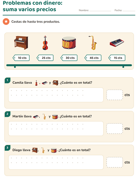 Vista previa de la hoja de Contar dinero con Música para grado 2
