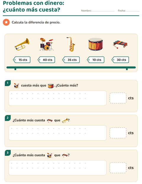 Vista previa de la hoja de Contar dinero con Música para grado 2