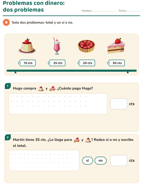 Vista previa de la hoja de Contar dinero con Postres y dulces para grado 2