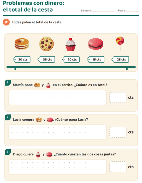 Vista previa de la hoja de Contar dinero con Postres y dulces para grado 2