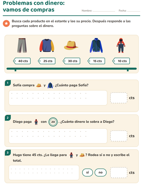 Vista previa de la hoja de Contar dinero con Ropa para grado 2