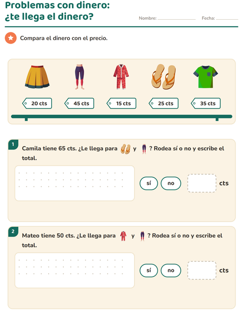 Vista previa de la hoja de Contar dinero con Ropa para grado 2