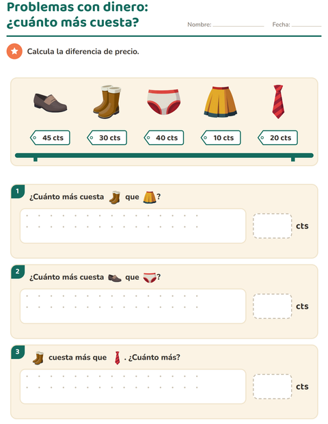 Vista previa de la hoja de Contar dinero con Ropa para grado 2