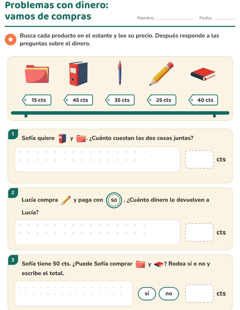 Vista previa de la hoja de Contar dinero con Salón de clases para grado 2