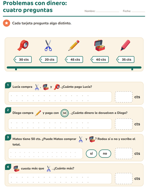Vista previa de la hoja de Contar dinero con Salón de clases para grado 2