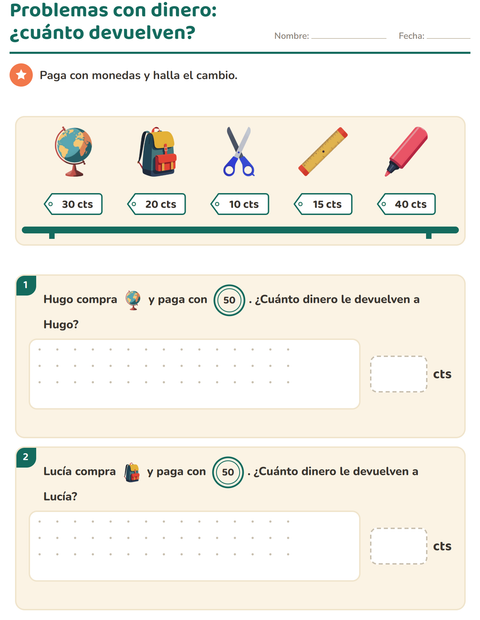 Vista previa de la hoja de Contar dinero con Salón de clases para grado 2