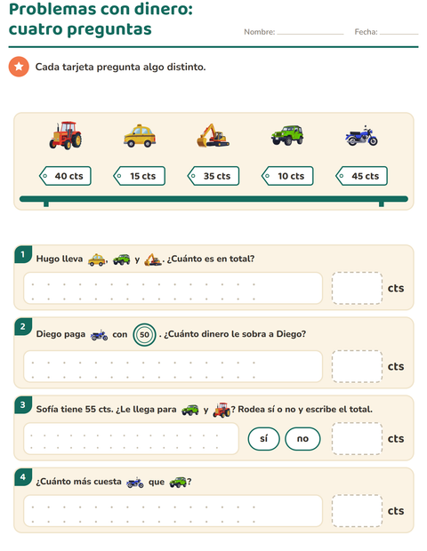 Problemas con dinero: cuatro preguntas distintas — segundo grado