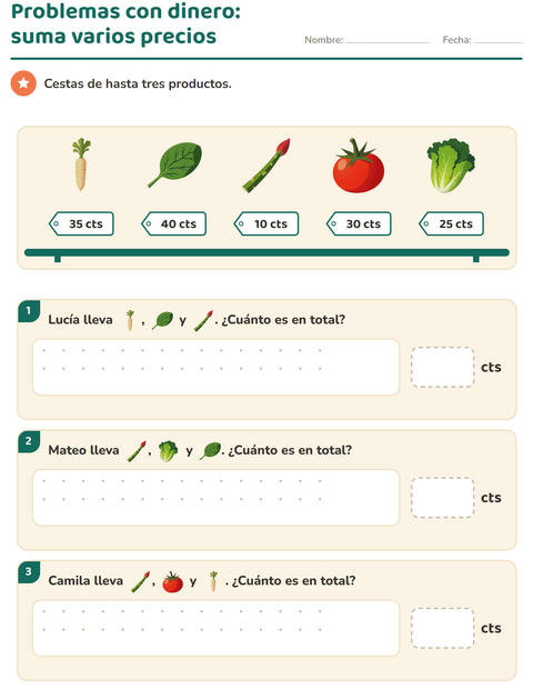 Vista previa de la hoja de Contar dinero con Verduras para grado 2