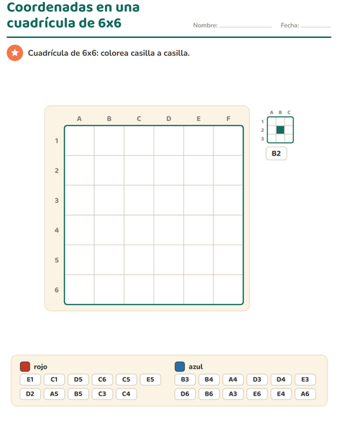 Vista previa de la hoja de Coordenadas en cuadrícula para grado 2