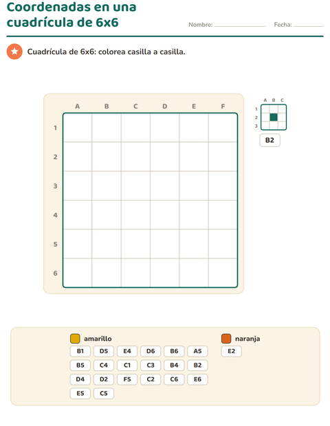 Coordenadas en una cuadrícula de 6 por 6 — segundo grado