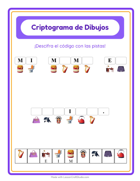 Vista previa de la hoja de Criptograma para jardín infantil