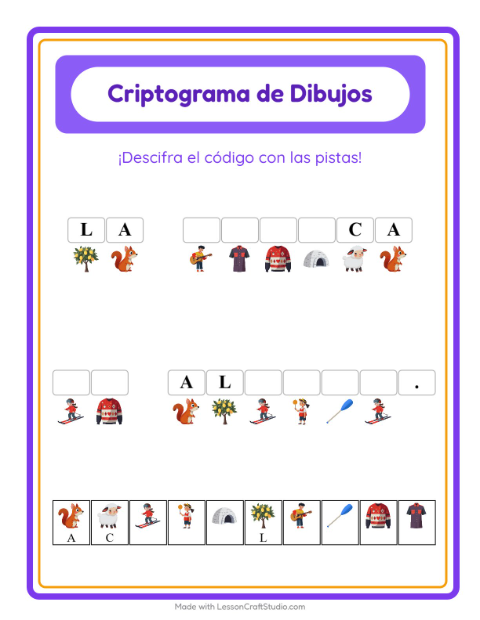 Vista previa de la hoja de Criptograma para jardín infantil
