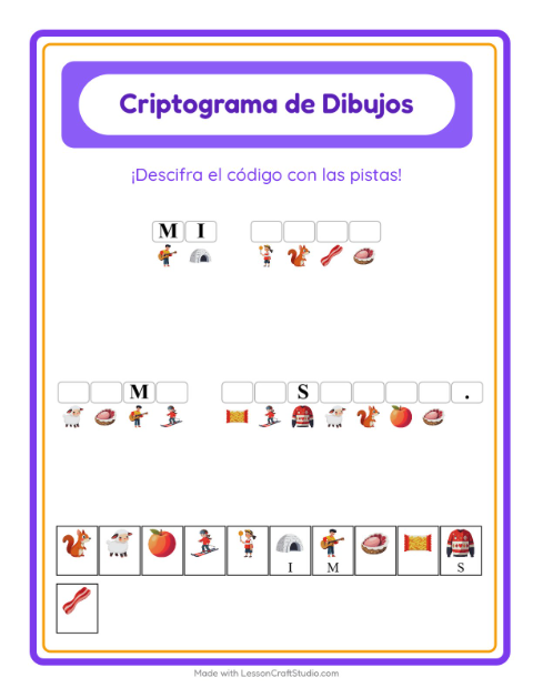 Vista previa de la hoja de Criptograma para jardín infantil