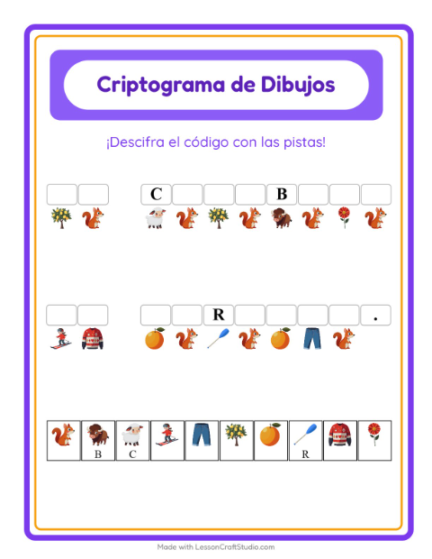 Vista previa de la hoja de Criptograma para jardín infantil