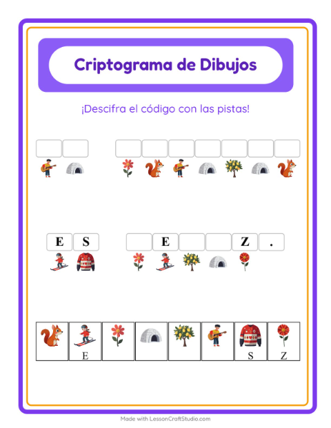 Vista previa de la hoja de Criptograma para jardín infantil