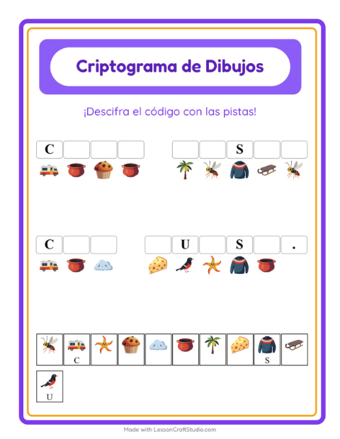 Vista previa de la hoja de Criptograma para jardín infantil
