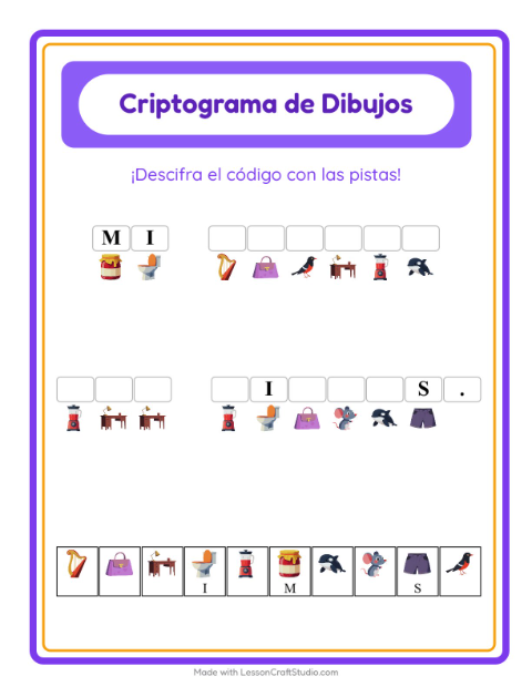 Vista previa de la hoja de Criptograma para jardín infantil