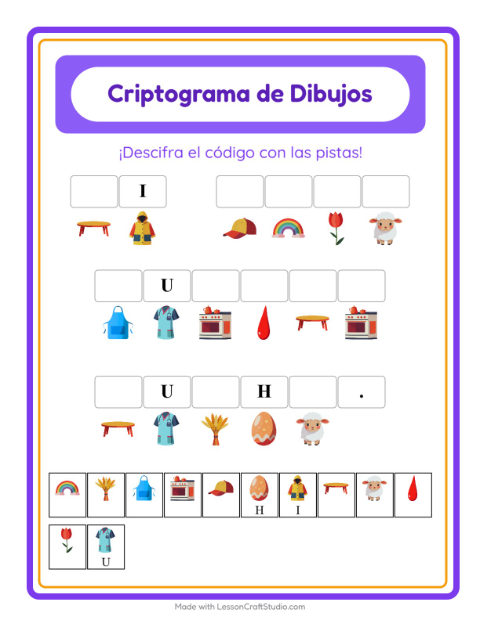 Vista previa de la hoja de Criptograma para jardín infantil