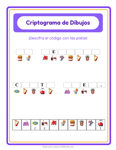 Vista previa de la hoja de Criptograma para jardín infantil