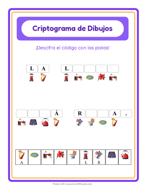 Vista previa de la hoja de Criptograma para jardín infantil
