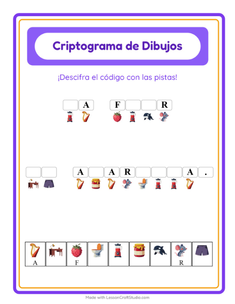 Vista previa de la hoja de Criptograma para jardín infantil