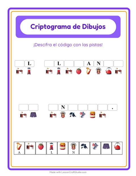 Vista previa de la hoja de Criptograma para jardín infantil