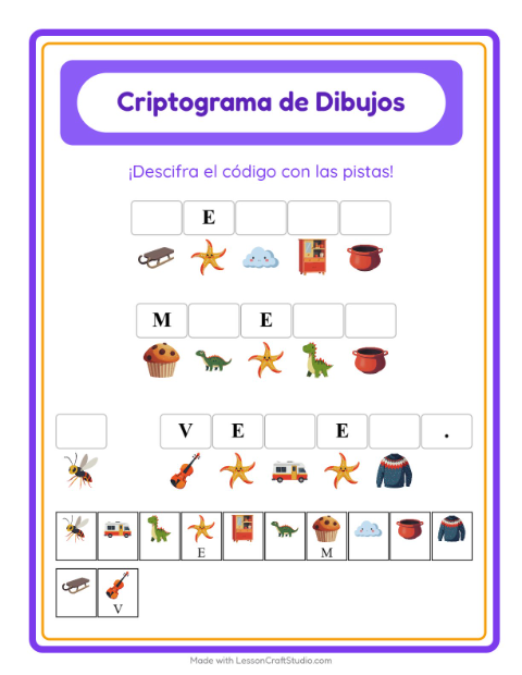 Vista previa de la hoja de Criptograma para jardín infantil