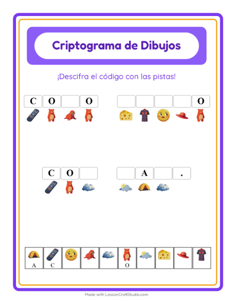 Vista previa de la hoja de Criptograma para jardín infantil