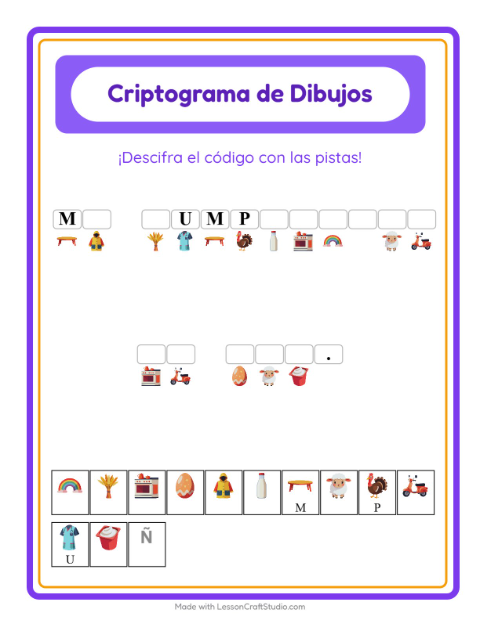 Vista previa de la hoja de Criptograma para jardín infantil
