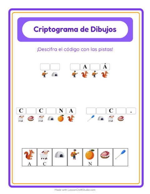 Vista previa de la hoja de Criptograma para jardín infantil