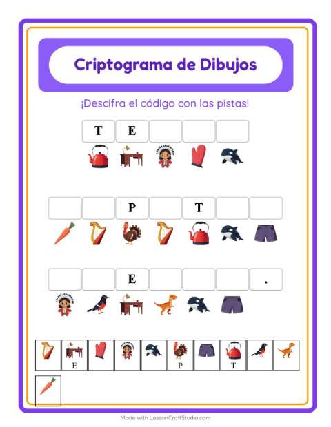 Vista previa de la hoja de Criptograma para jardín infantil