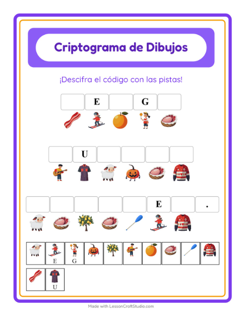 Vista previa de la hoja de Criptograma para jardín infantil