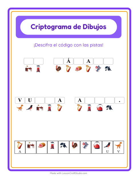 Vista previa de la hoja de Criptograma para jardín infantil