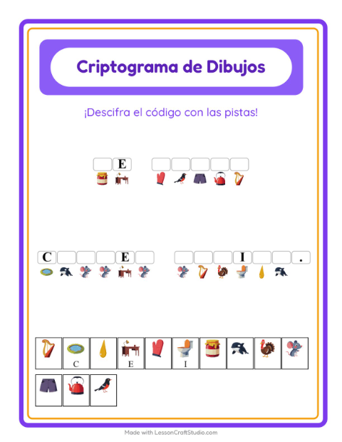 Vista previa de la hoja de Criptograma para jardín infantil