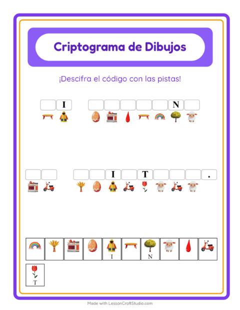 Vista previa de la hoja de Criptograma para jardín infantil