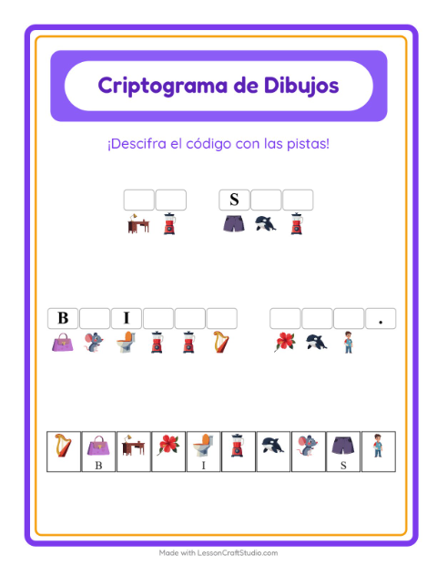 Vista previa de la hoja de Criptograma para jardín infantil