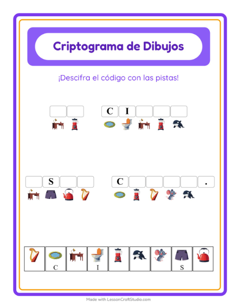 Vista previa de la hoja de Criptograma para jardín infantil