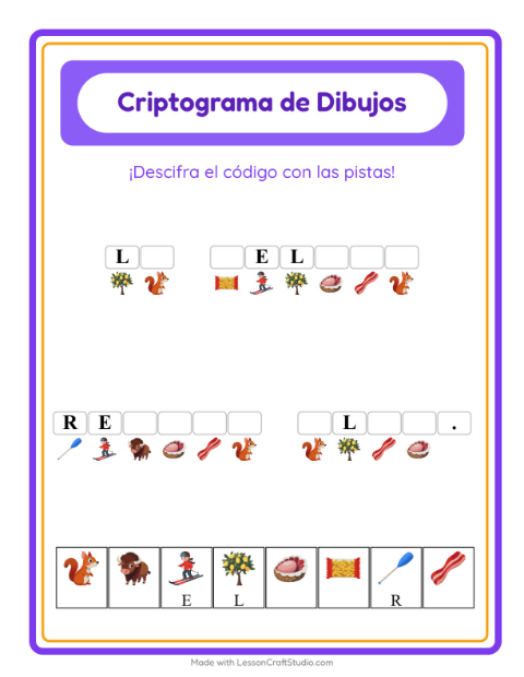 Vista previa de la hoja de Criptograma para jardín infantil