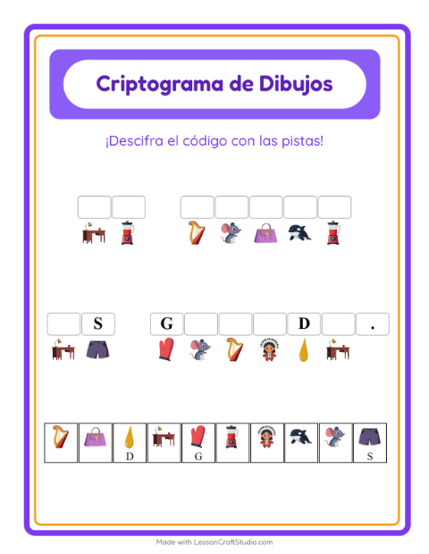 Vista previa de la hoja de Criptograma para jardín infantil