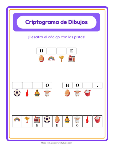 Vista previa de la hoja de Criptograma para jardín infantil