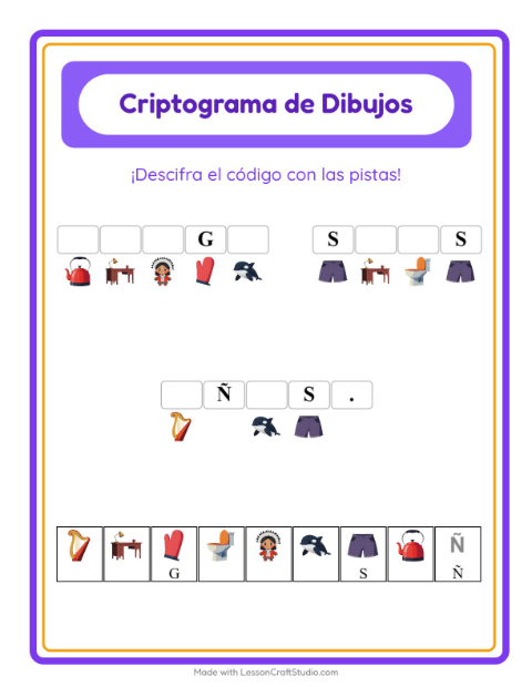 Vista previa de la hoja de Criptograma para jardín infantil