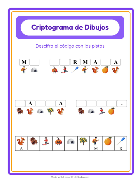 Vista previa de la hoja de Criptograma para jardín infantil
