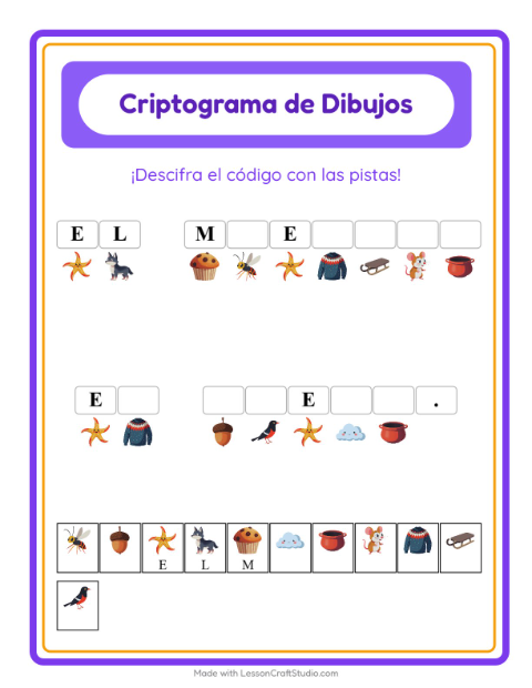 Vista previa de la hoja de Criptograma para jardín infantil