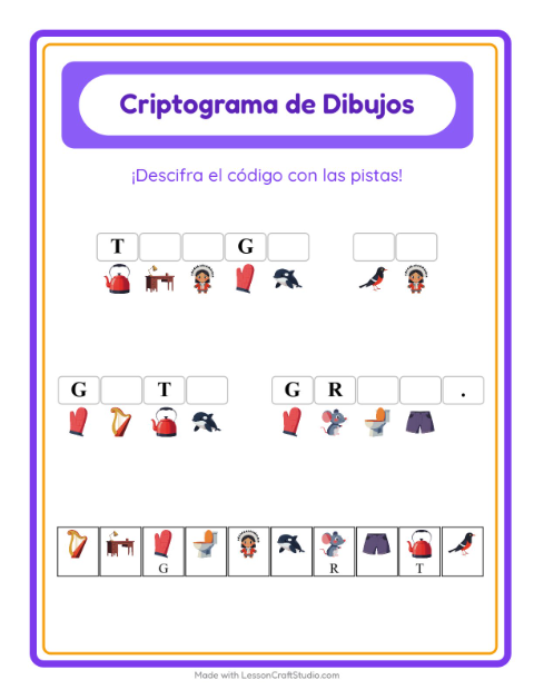 Vista previa de la hoja de Criptograma para jardín infantil