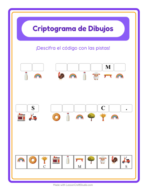 Vista previa de la hoja de Criptograma para jardín infantil