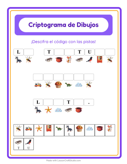 Vista previa de la hoja de Criptograma para jardín infantil